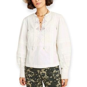 By Anthropologie Delilah Pleated Peasant Blouse Embroidered White Lace Size 4